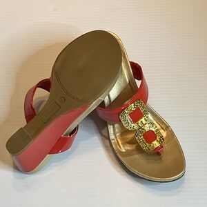 Madeline Burnt Orange Patent Wedge Thong Sandals with Gold Buckle